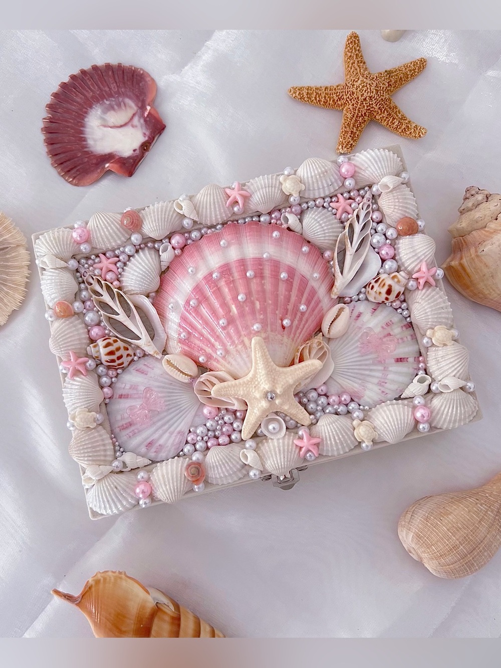 Handmade Seashell Pearl Embellished Jewelry Box - Pink